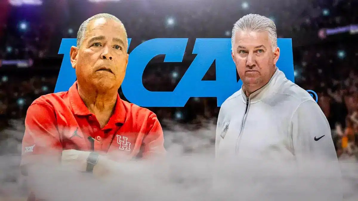 Photo: Kelvin Sampson in Houston gear and Matt Painter in Purdue gear with NCAA logo in the background