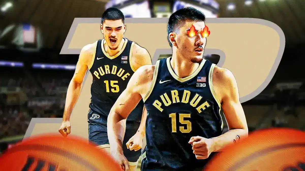 Purdue basketball’s Zach Edey with fire in eyes.