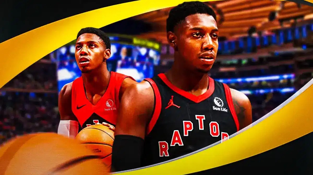 Toronto Raptors star RJ Barrett in front of Madison Square Garden, home of the New York Knicks.