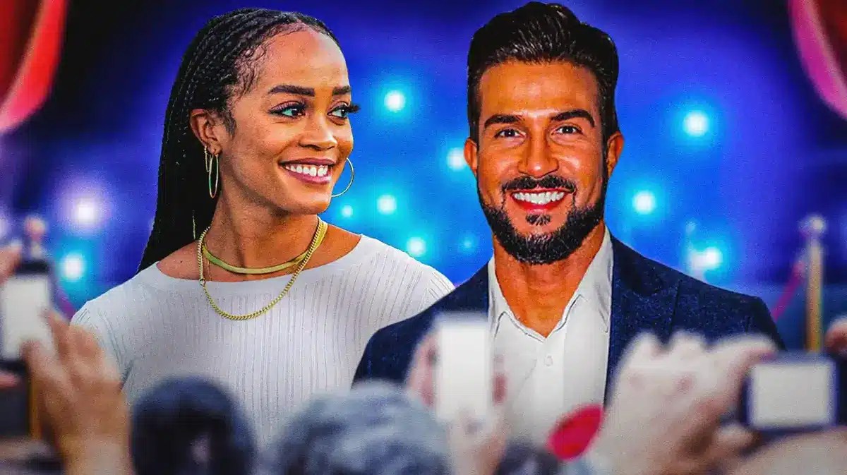 Rachel Lindsay and Bryan Abasolo with a stage behind them