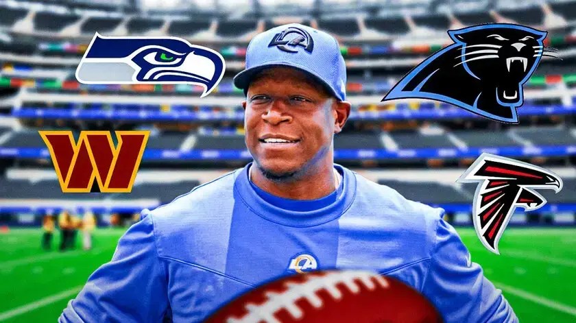 Raheem Morris (Rams) surrounded by Panthers, Falcons, Seahawks and Commanders logos