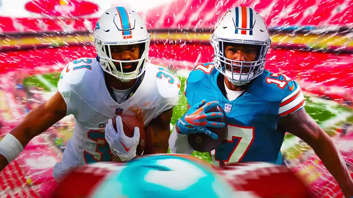 Miami Dophins stars Raheem Mostert and Jaylen Waddle in front of a snowy Arrowhead Stadium.