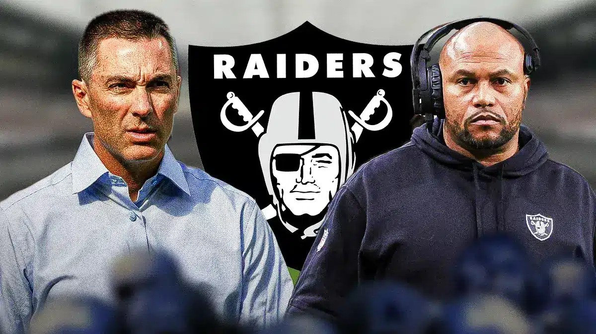 New Raiders GM Tom Telesco next to new Raiders HC Antonio Pierce in front of a Raiders logo