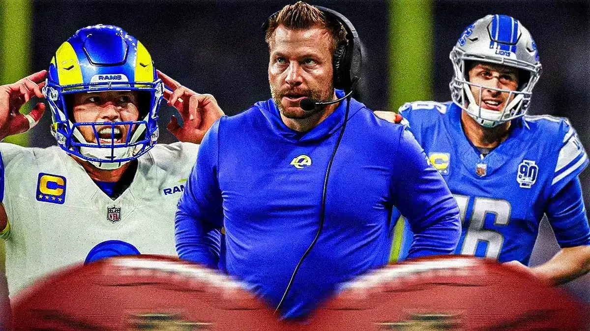 Los Angeles Rams head coach Sean McVay between his current quarterback Matthew Stafford and former quarterback Jared Goff