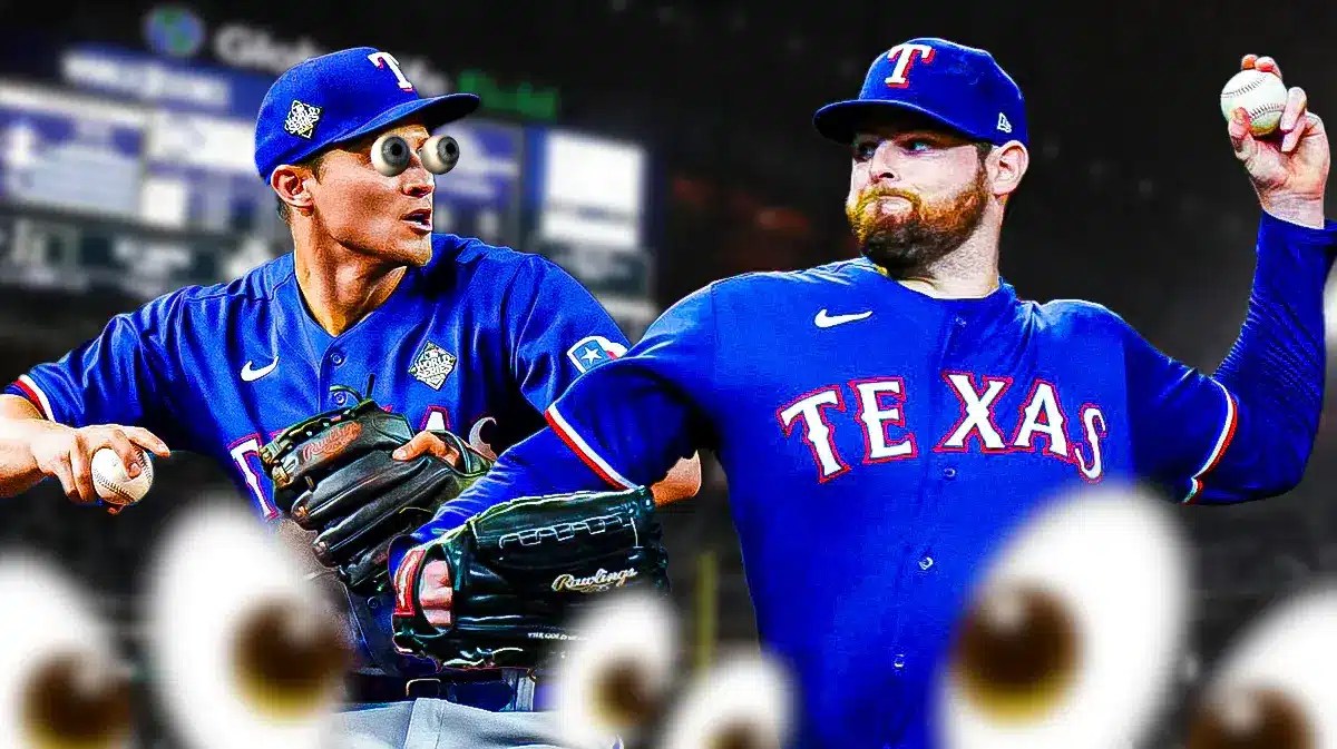 Rangers' Jordan Montgomery pitching a baseball. Rangers' Corey Seager eyes popping out. Globe Life Field background.