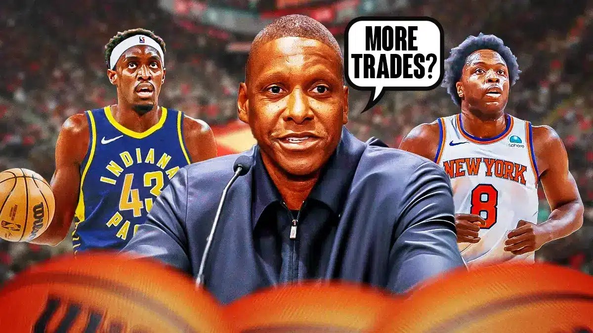 Raptors' Masai Ujiri asking "More trades?" next to OG Anunoby and Pascal Siakam