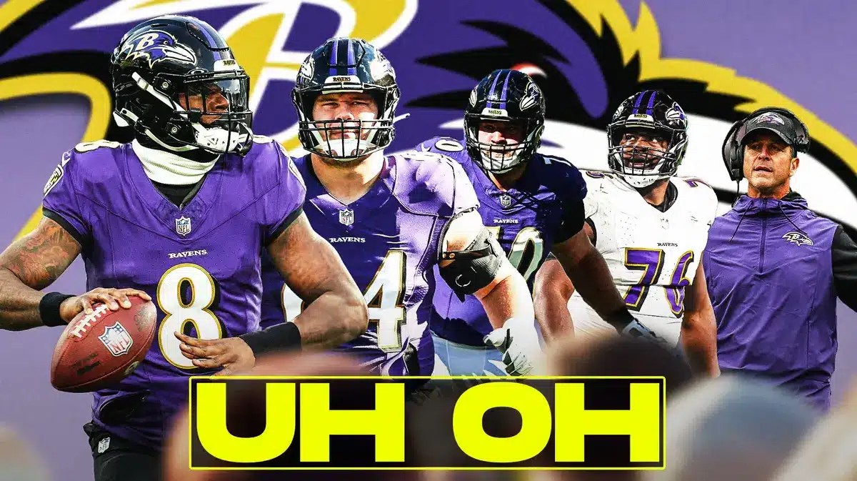 Lamar Jackson, Tyler Linderbaum, Kevin Zeitler, John Simpson, John Harbaugh beside each other, and Baltimore Ravens wallpaper in the background.