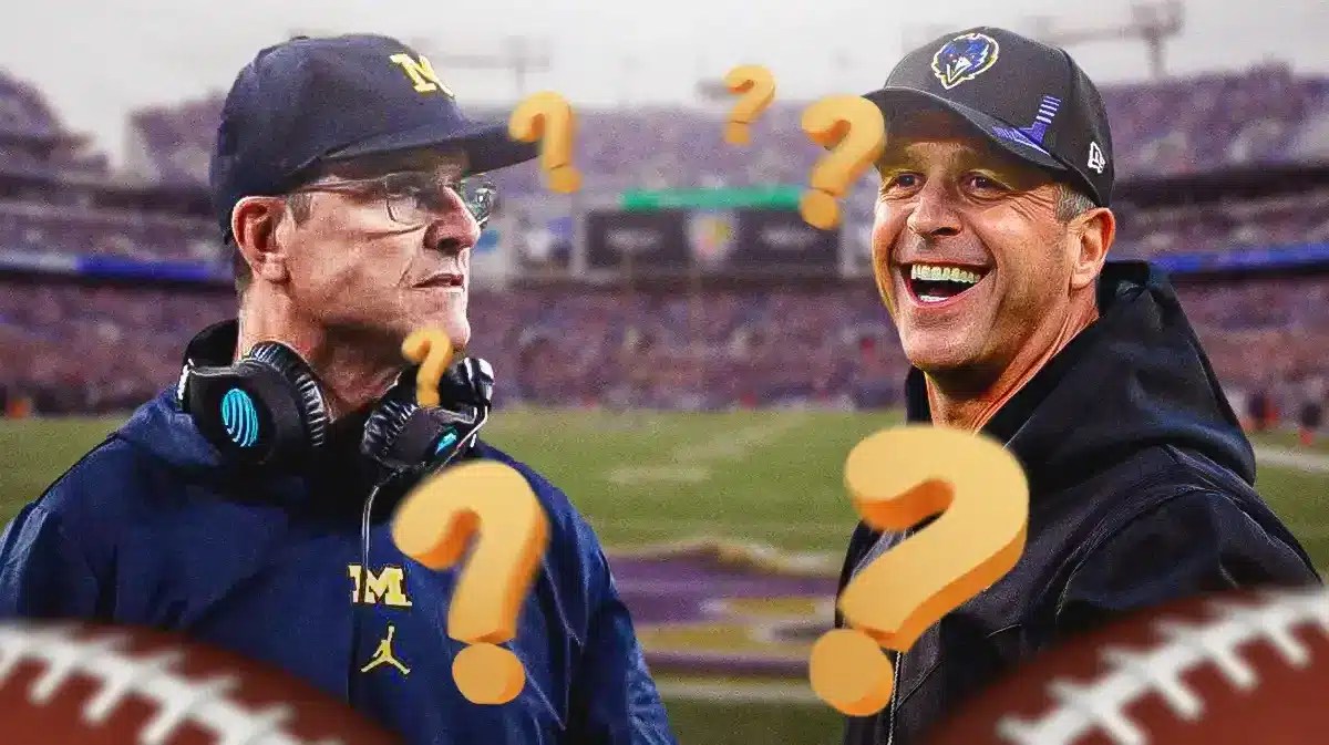 Ravens HC John Harbaugh looking at Michigan coach Jim Harbaugh with question marks around him.