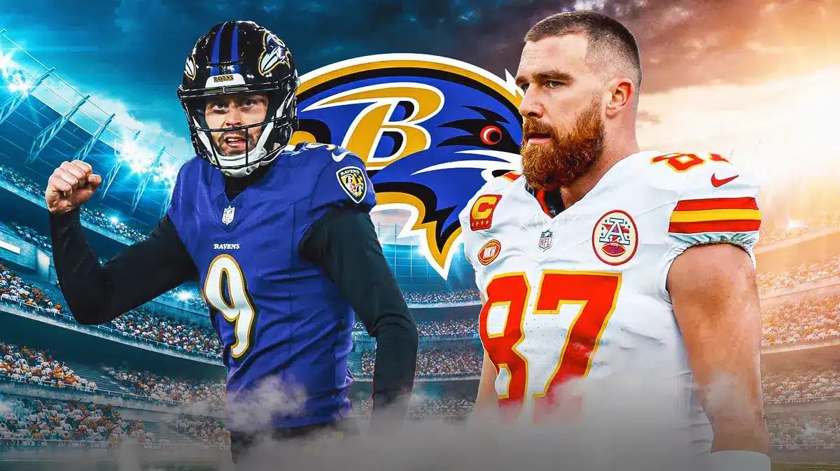 Ravens' Justin Tucker stands next to Chiefs' Travis Kelce during the AFC Championship game