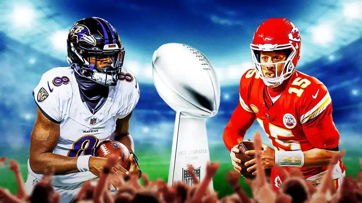 Photo: Lamar Jackson and Patrick Mahomes with Super Bowl trophy in the middle
