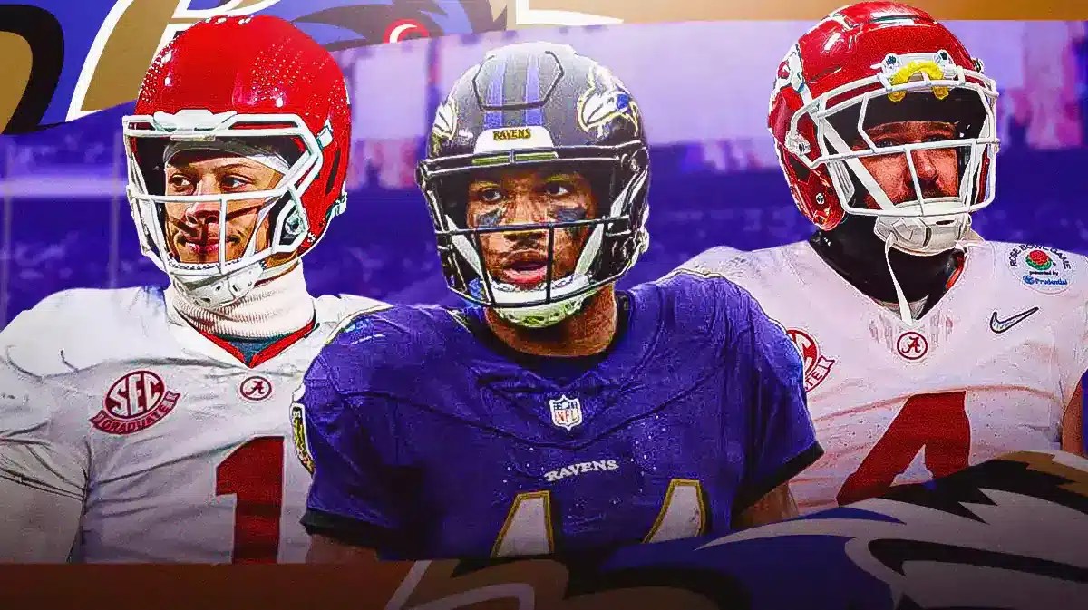 Ravens' Marlon Humphrey with Chiefs' Patrick Mahomes and Travis Kelce in Alabama jerseys