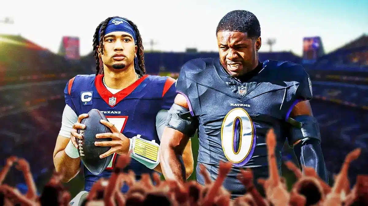Photo: Roquan Smith in Ravens gear with CJ Stroud in Texans gera, fans in the back