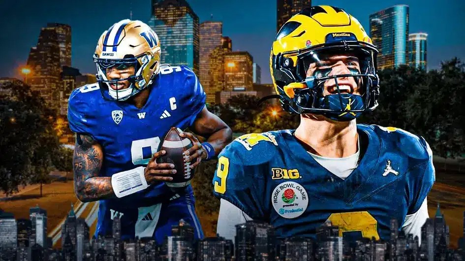 College football, Michigan football, Washington football, Texas football, Alabama football, JJ McCarthy and Michael Penix Jr. with Houston skyline in the background