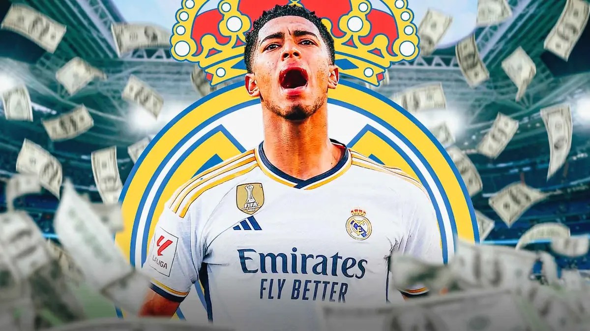 Jude Bellingham in front of the Real Madrid logo, money falling from the air
