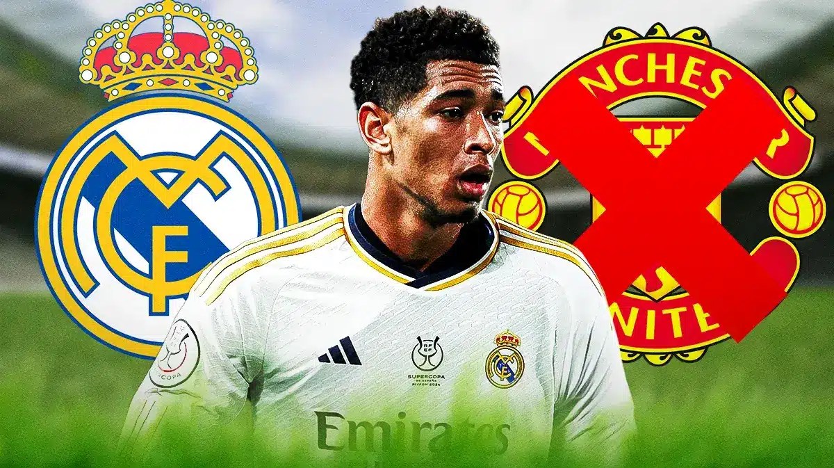Jude Bellingham, the Real Madrid logo on his left, the Manchester United logo crossed out on his right