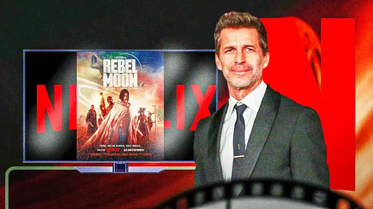 Rebel Moon poster on TV with Netflix logo and Zack Snyder.
