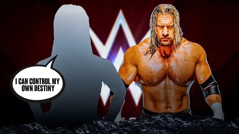 The blacked-out silhouette of Ash By Elegance with a text bubble readng “I can control my own destiny” next to Triple H with the WWE logo as the background.