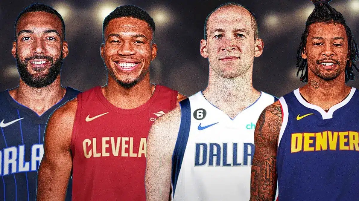 Giannis Antetokounmpo in Cavaliers jersey, Trey Burke in Nuggets jersey, Cody Zeller in Mavericks jersey, Rudy Gobert in Magic jersey