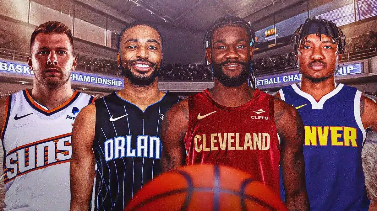 Luka Doncic in a Suns jersey, Mikal Bridges in a Magic jersey, Deandre Ayton in a Cavaliers jersey, Wendell Carter Jr. in a Nuggets jersey