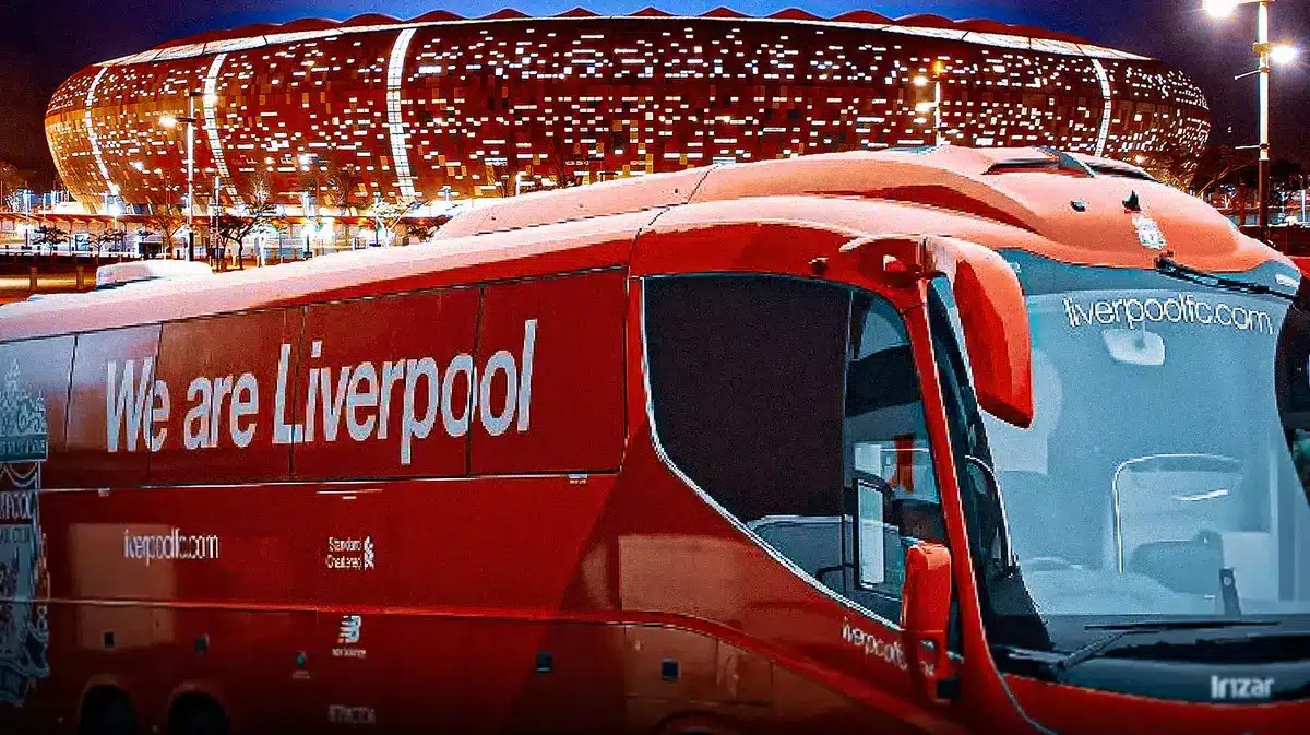 The Liverpool team bus in front of a football stadium