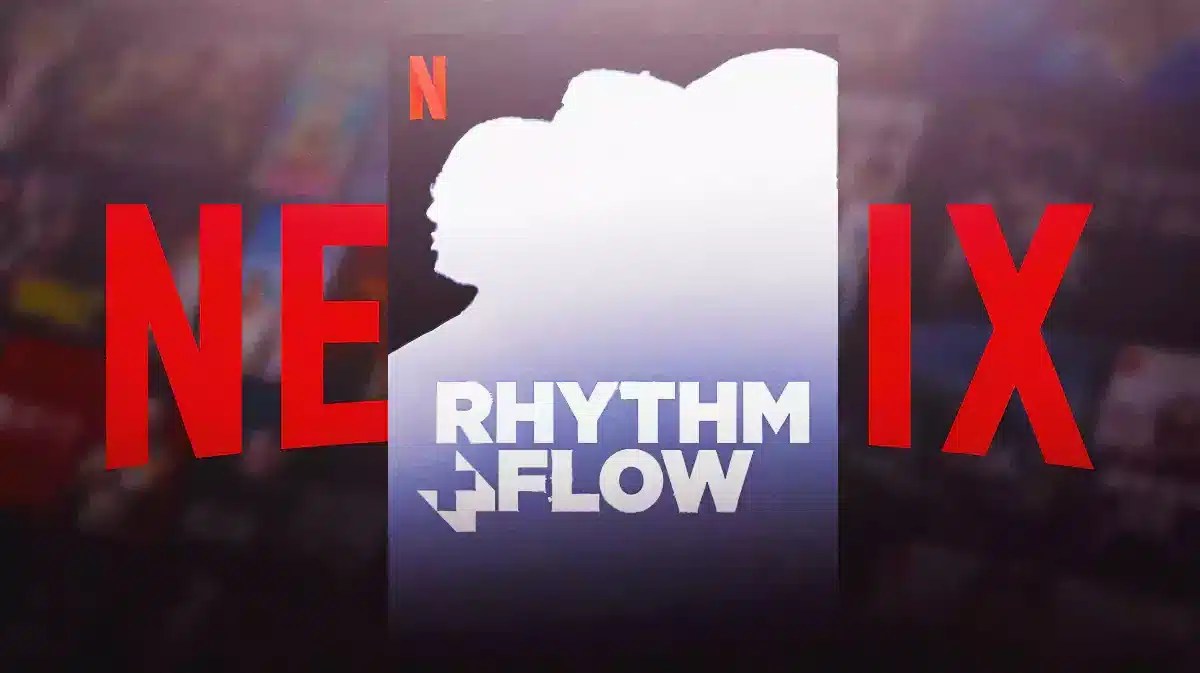 Rhythm + Flow poster with silhouette of judges, Netflix logo in the back.