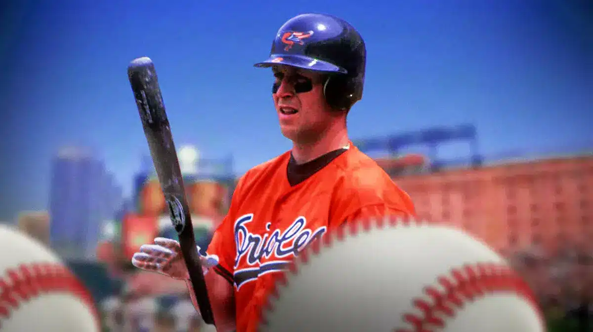 Cal Ripken Jr. playing baseball in an Orioles uniform.