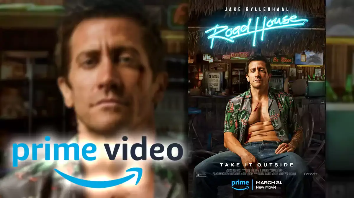 Prime Video and Road House poster with Jake Gyllenhaal background.