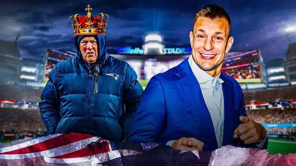 Patriots legends Rob Gronkowski, Bill Belichick with crown