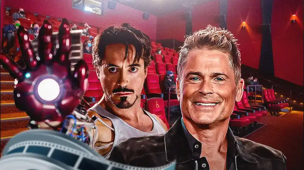 Robert Downey Jr. as Tony Stark/Iron Man in MCU next to Rob Lowe with movie theater background.