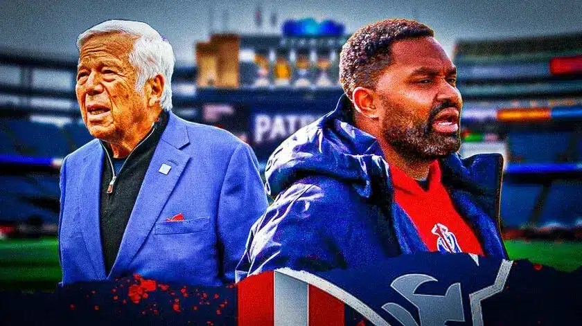 Photo: Jerod Mayo in Patriots gear with Robert Kraft, Patriots logo behind them