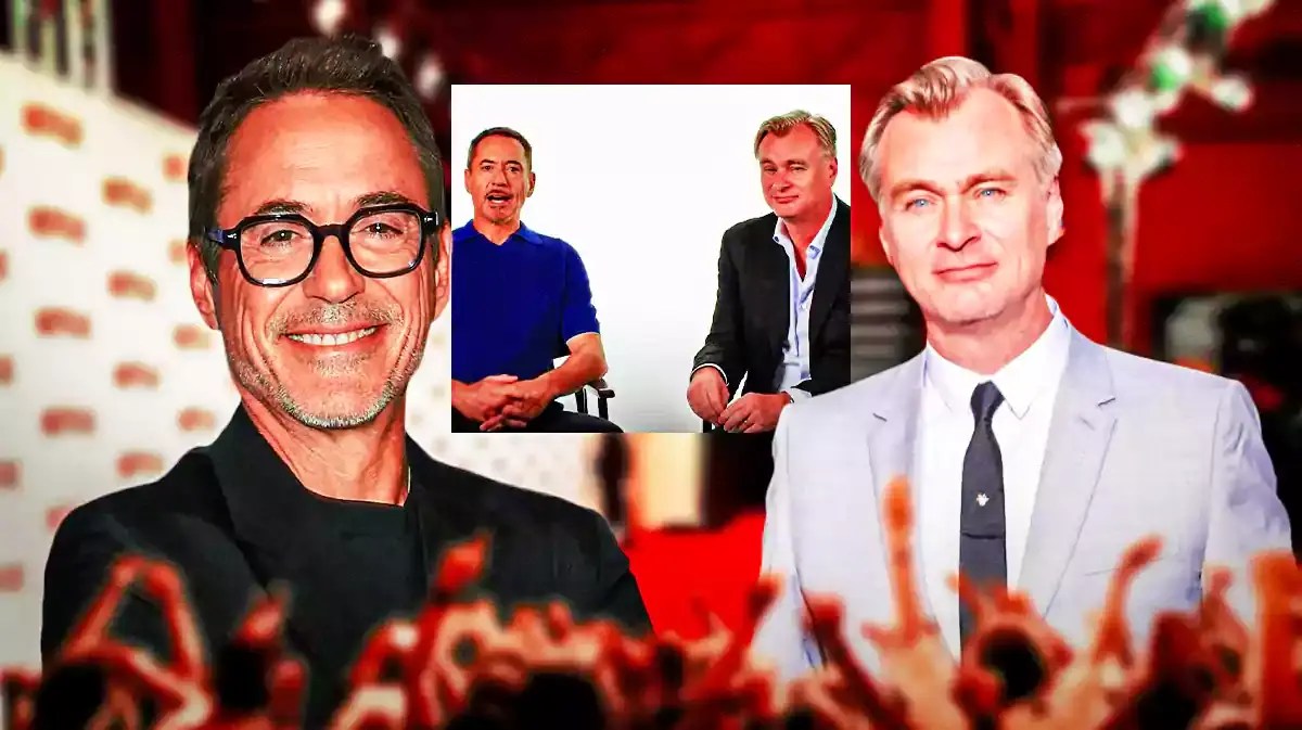 Collage of images -- Robert Downey Jr. and Christopher Nolan featured both separately and together