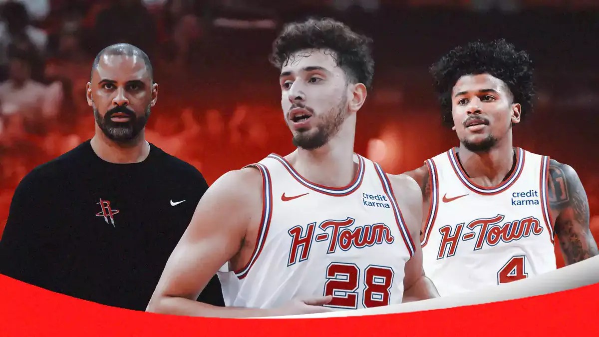 IMAGE: Rockets Ime Udoka with hands on his hips and players from the Rockets starting lineup looking frustrated (Jalen Green, Jabari Smith, Fred VanVleet, Alperen Sengun, Dillon Brooks). Doesn’t have to be all five. Can be 2-3 of the five.