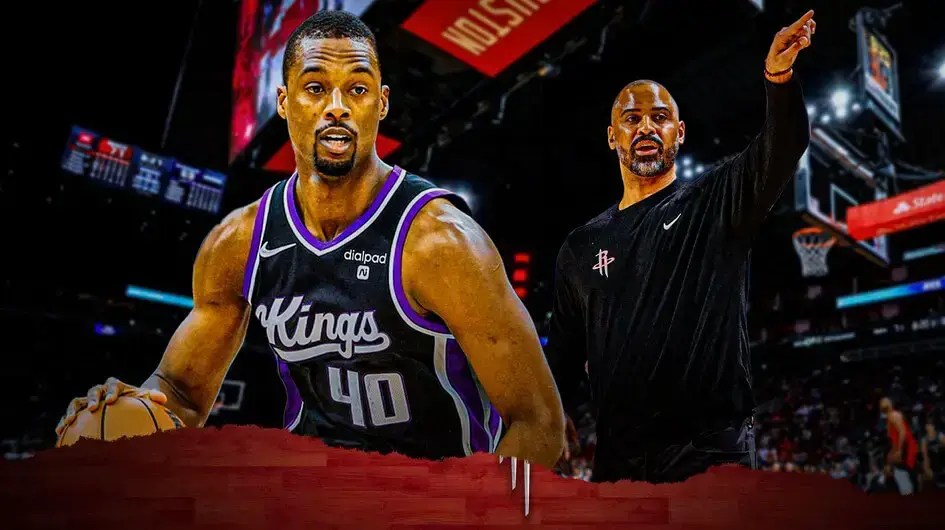 Sacramento Kings Harrison Barnes on the left beside Houston Rockets coach Ime Udoka