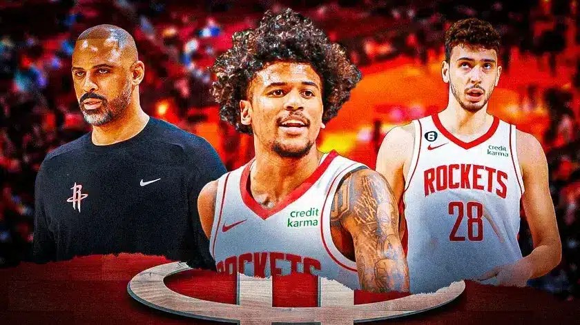 Jalen Green and Alperen Sengun frustrated and Ime Udoka looking angry. Rockets toyota Center background