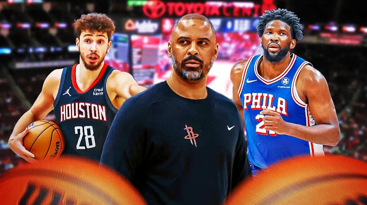 Ime Udoka alongside Alperen Sengun and Joel Embiid with the Rockets arena in the background