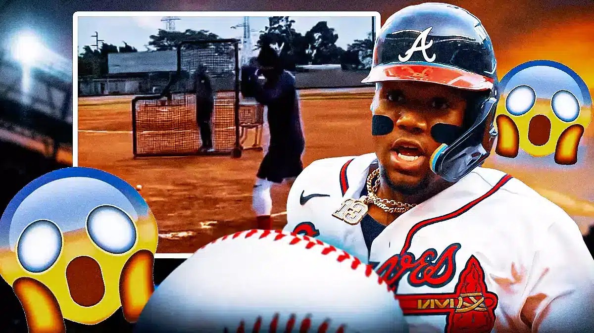 Photo: Ronald Acuna Jr in action in Braves jersey smiling, screenshot of first tweet video below at 1-second mark, shocked emojis all around