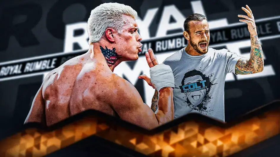Cody Rhodes and CM Punk in front of the Royal Rumble logo. 