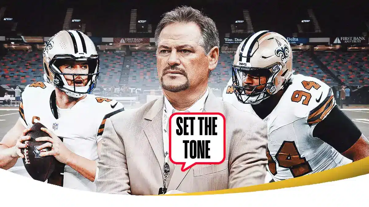 New Orleans Saints GM Mickey Loomis and speech bubble “Set The Tone” and images of Derek Carr and Cameron Jordan in background on each side of Loomis.