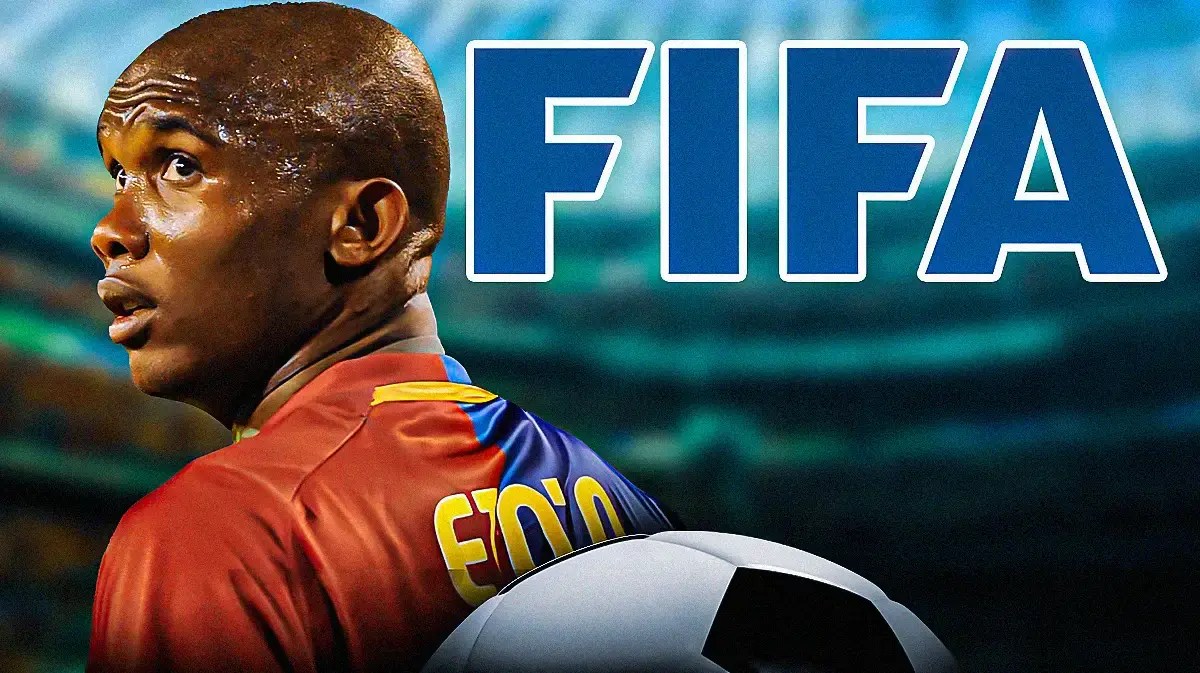 Samuel Eto'o in front of the FIFA logo