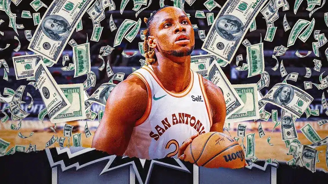 Charles Bassey. Spurs logo. Money flying around