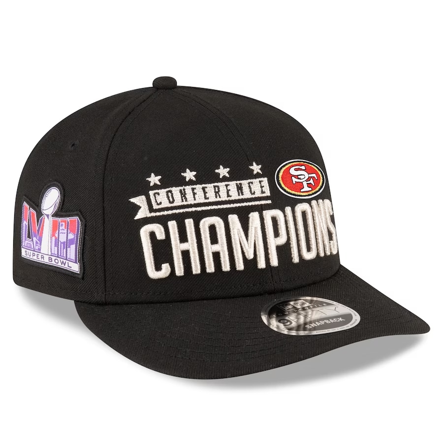 San Francisco 49ers New Era 2023 NFC Champions Locker Room Low Profile 9FIFTY Snapback Hat - Black colored on a white background.