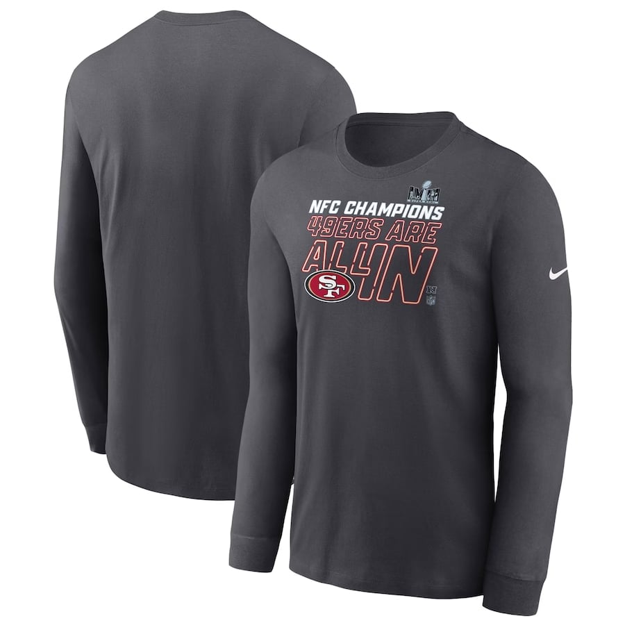 San Francisco 49ers Nike 2023 NFC Champions Locker Room Trophy Collection Long Sleeve T-Shirt - Anthracite colored on a white background.