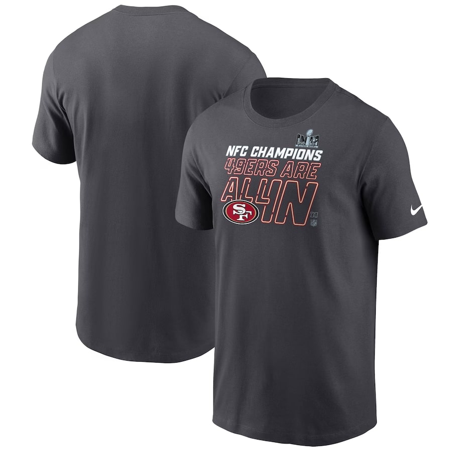 San Francisco 49ers Nike 2023 NFC Champions Locker Room Trophy Collection T-Shirt - Anthracite colored on a white background.