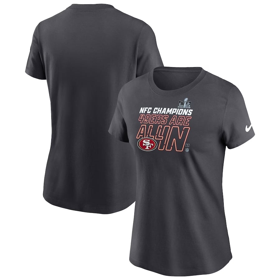 San Francisco 49ers Nike Women's 2023 NFC Champions Locker Room Trophy Collection T-Shirt - Anthracite colored on a white background.