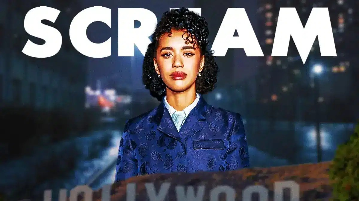 Jasmin Savoy Brown in front of Scream logo.