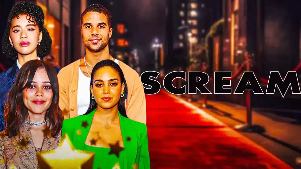 Scream logo next to Jasmin Savoy Brown, Jenna Ortega, Mason Gooding, and Melissa Barrera.