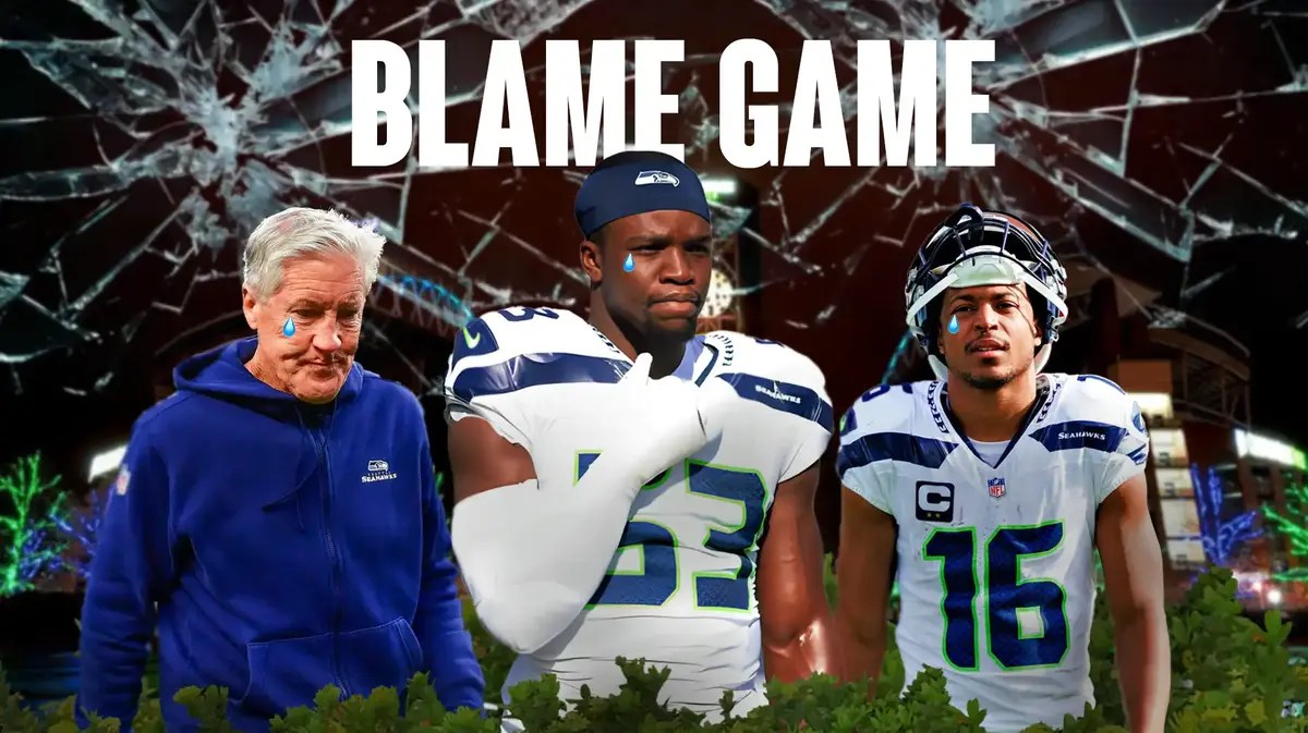 Boye Mafe, Pete Carroll, Tyler Lockett all with tear emojis 💧 and with shattered glass in the background.