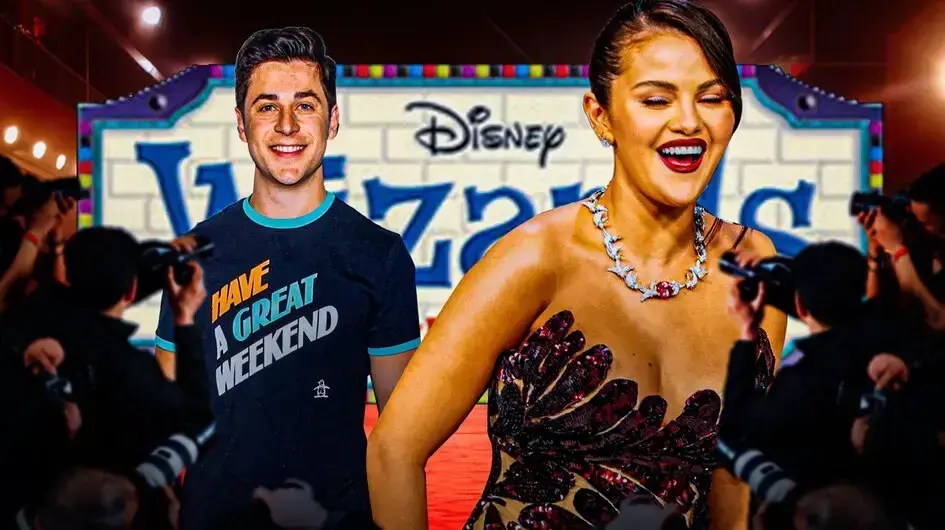 Selena Gomez, David Henrie with the Wizard of Waverly Place sign behind them