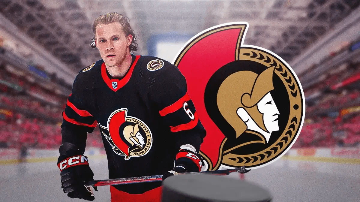 Jakob Chychrun in middle of image looking stern, OTT Senators logo in image, hockey rink in background