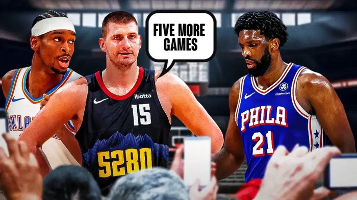 Nikola Jokic next to Shai Gilgeous Alexander saying "Five more games" to Joel Embiid